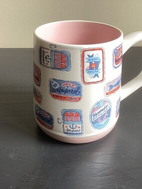 NWOT Fig & Fern Ceramic Tinned Fish Sardines Coffee Mug Pink Interior